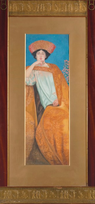 Document photograph of the full painting, The Golden Cloak, Der goldene Mantel, by Maximilian Lenz, ca. 1903, shown inside its original exhibition frame. The tall painted board is mounted within a wide, matte-gold inner border, framed by dark reddish-brown wooden columns on the sides and horizontal bands of raised golden relief figures at the top and bottom.