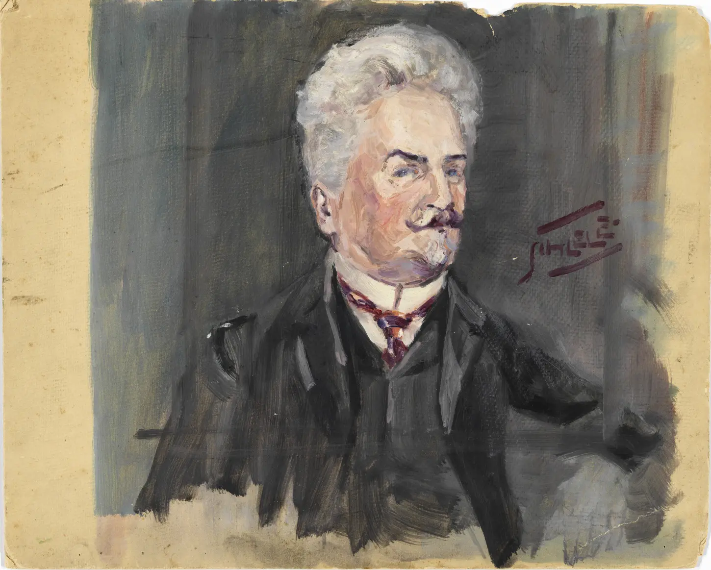 Tempera on cardboard, Portrait of Leopold Czihaczek, Porträt Leopold Czihaczek, by Egon Schiele, 1907. Wien Museum. A profile portrait of an older man facing right, wearing a dark suit with a stiff white collar and formal clothing.