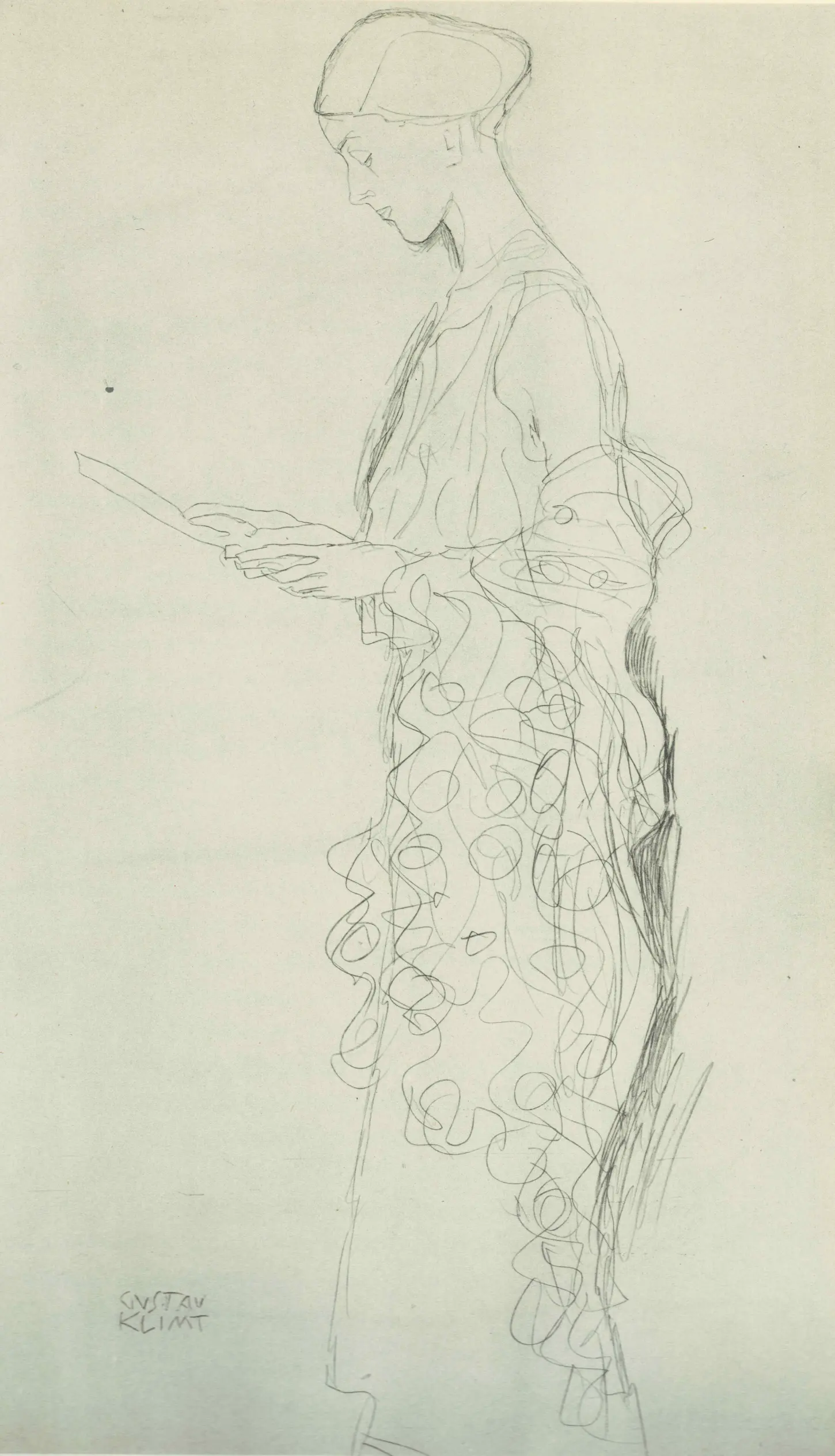 Pencil drawing, Portrait of a Woman Reading, by Gustav Klimt, 1907-1908. Albertina, Vienna. A profile view of a woman focused on a book, wearing a dress with flowing pencil lines and patterns. Strobl 1648.