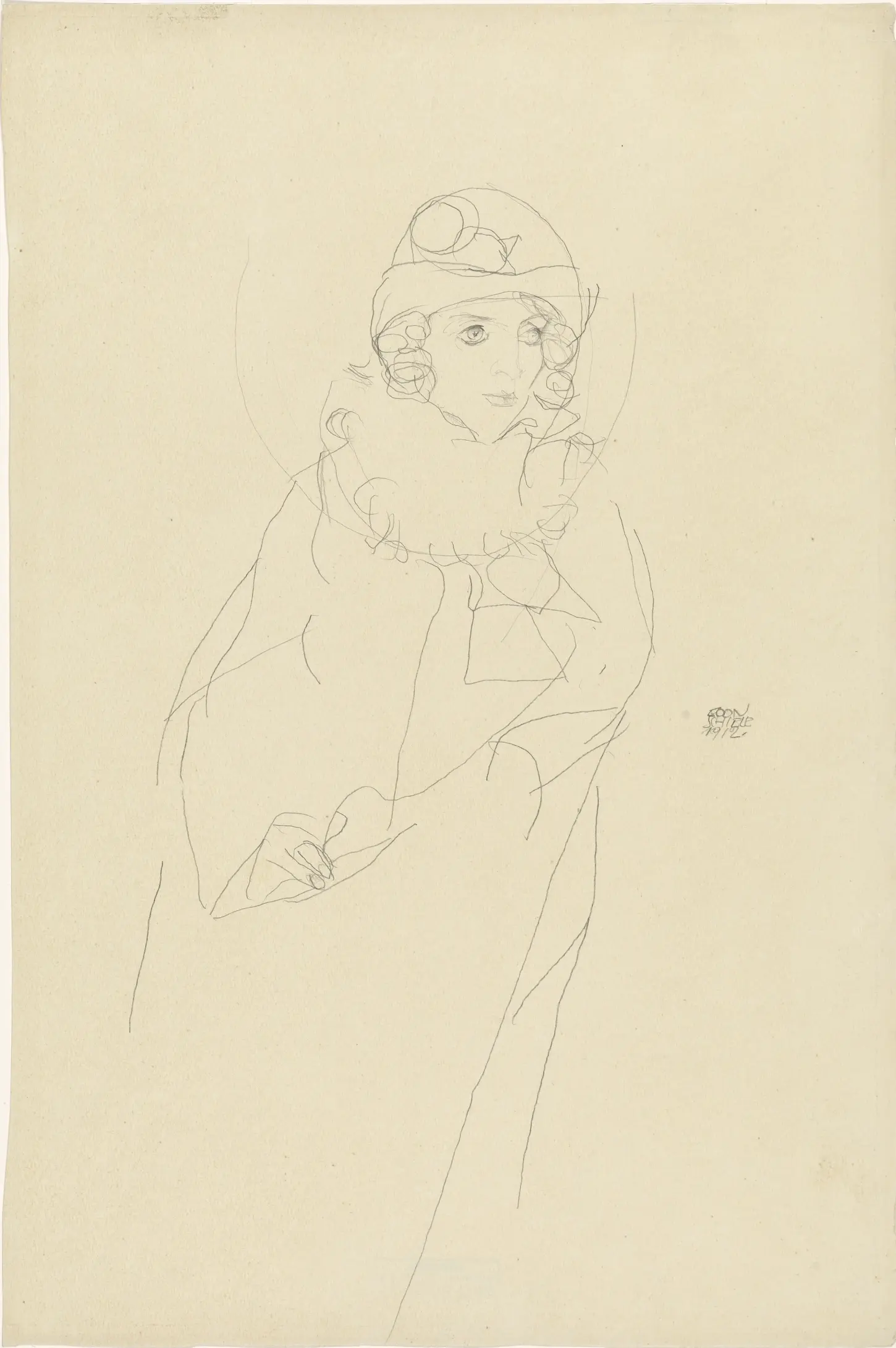 Pencil drawing on paper, Woman in a Fur Coat, Frau im Pelz, by Egon Schiele, 1912. Wien Museum. A woman shown from the chest up, facing forward with her head slightly tilted. She is wrapped in a large, detailed fur coat with a high collar that frames her face.