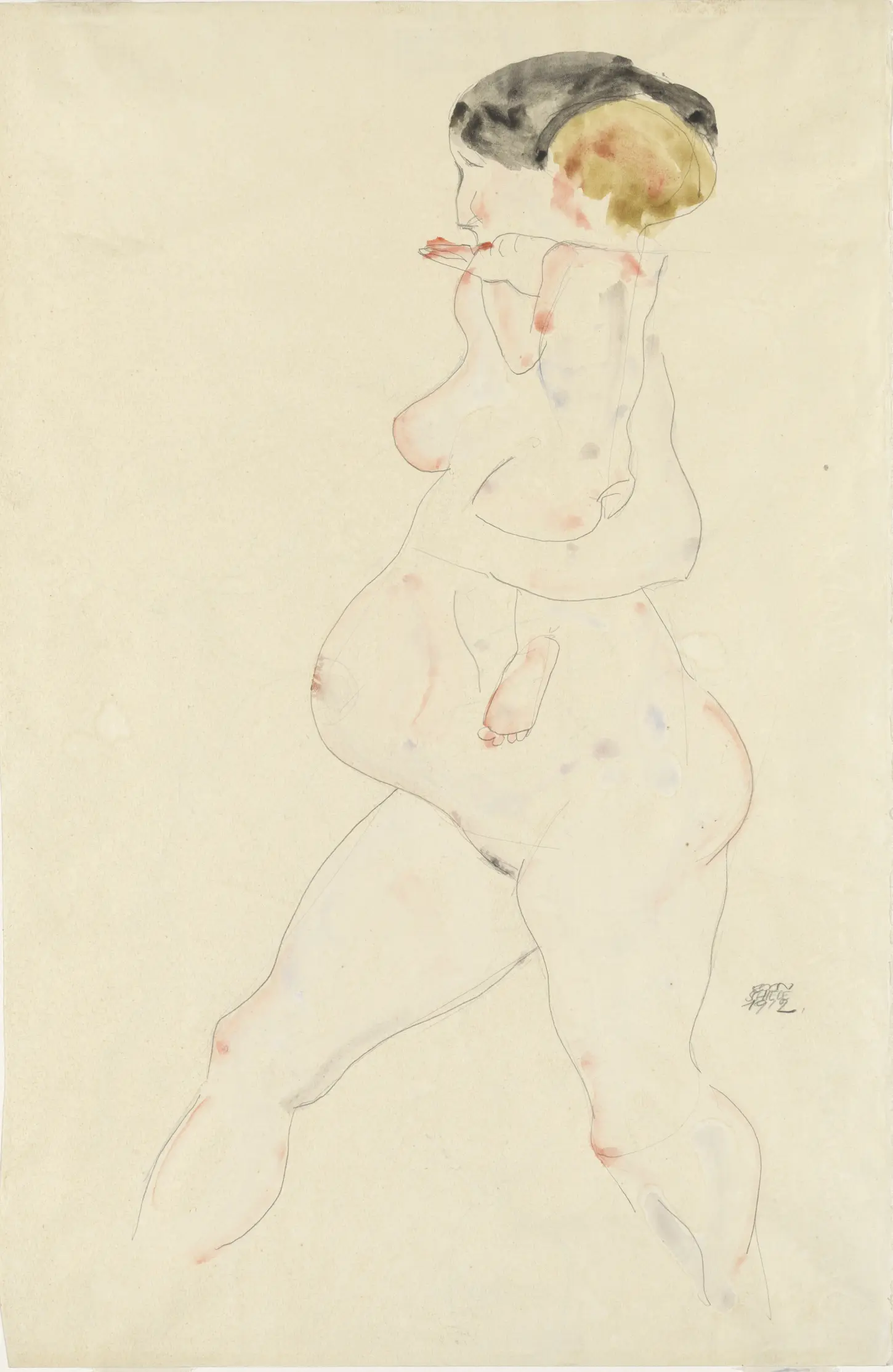 Watercolor drawing of a nude pregnant woman with gaunt features holding a small child against a plain background, by Egon Schiele, 1912.