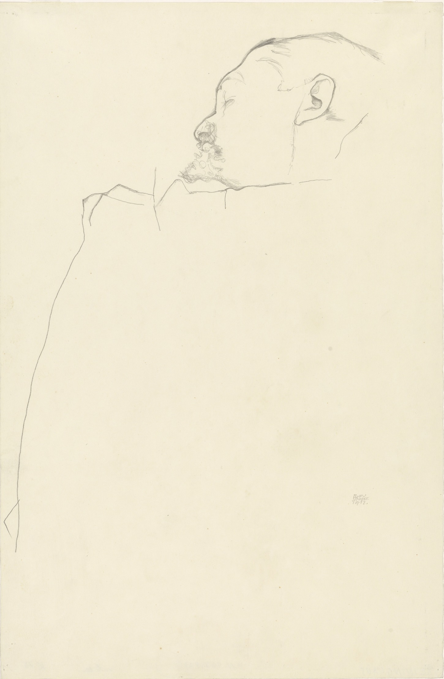 Pencil and gouache drawing of Carl Reininghaus in profile with his hand against his face, by Egon Schiele, 1912.