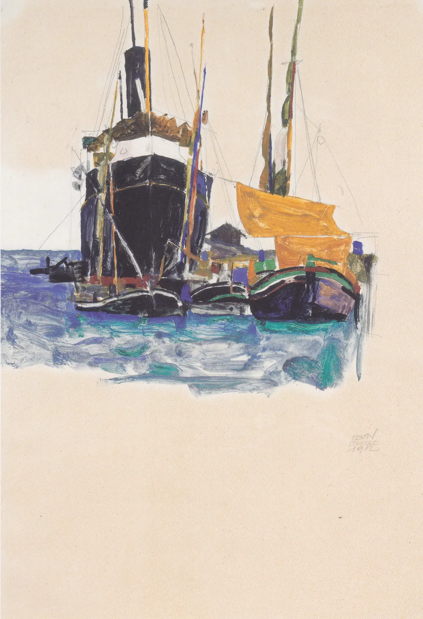 Steamship and Sailboats in the Harbor of Trieste, 1912 – Egon Schiele