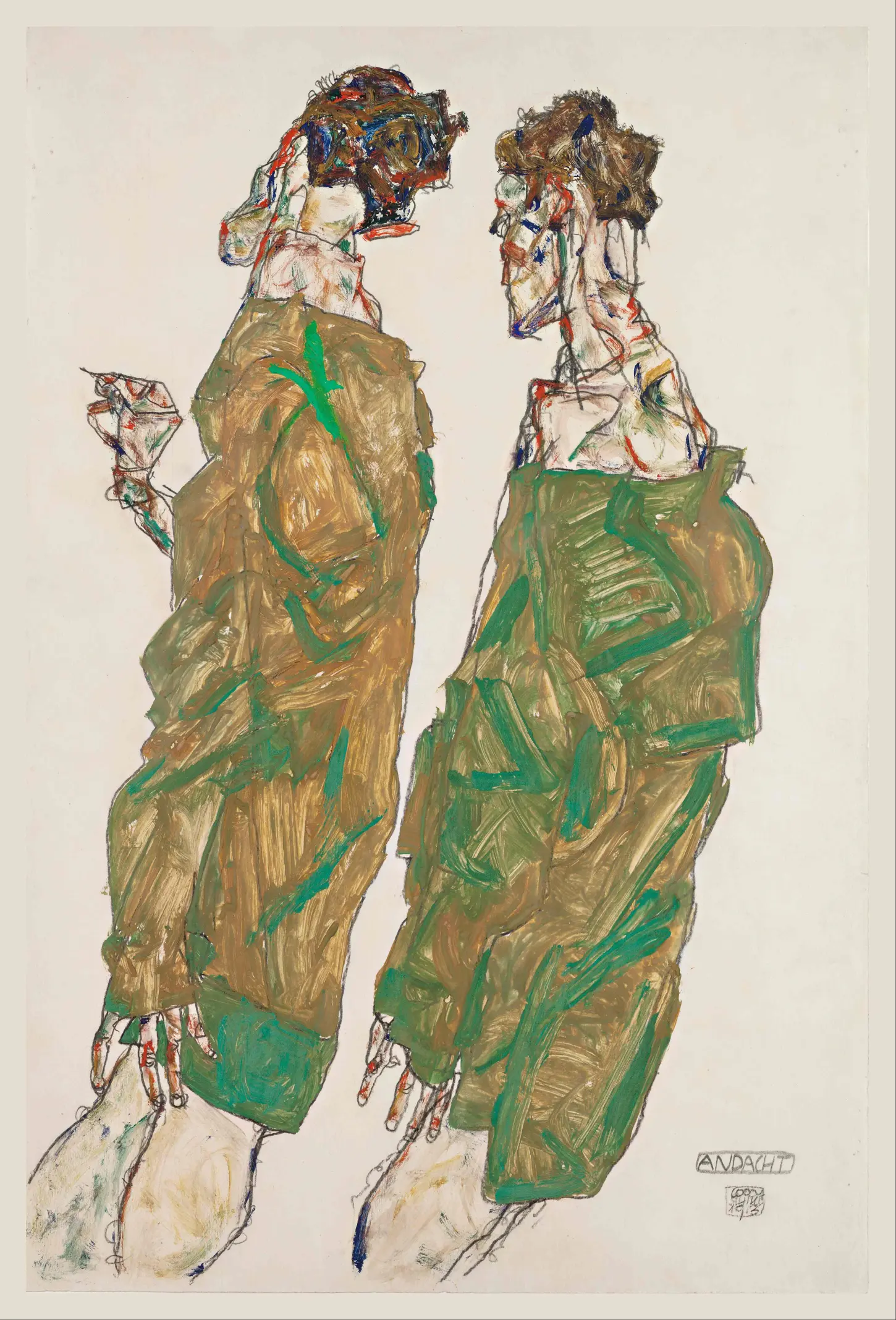 Pencil and gouache on paper, Devotion, Andacht, by Egon Schiele, 1913. Leopold Museum, Vienna. Two standing figures appear side by side, shown from slightly different angles. Broad areas of ochre and green gouache define oversized coats, while nervous pencil lines and accents of red and blue articulate the faces, hands and clothing. The handwritten title ANDACHT appears in the lower right corner beside Schiele's signature and the date 1913. Kallir D1418.