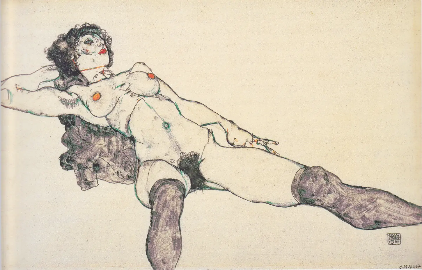 Pencil and gouache, Reclining Female Nude with Legs Spread, Liegender weiblicher Akt mit gespreizten Beinen, by Egon Schiele, 1914. The Albertina Museum. A frontal view of a reclining nude woman with her legs positioned toward the viewer against bare Japan paper. Kallir D1484.