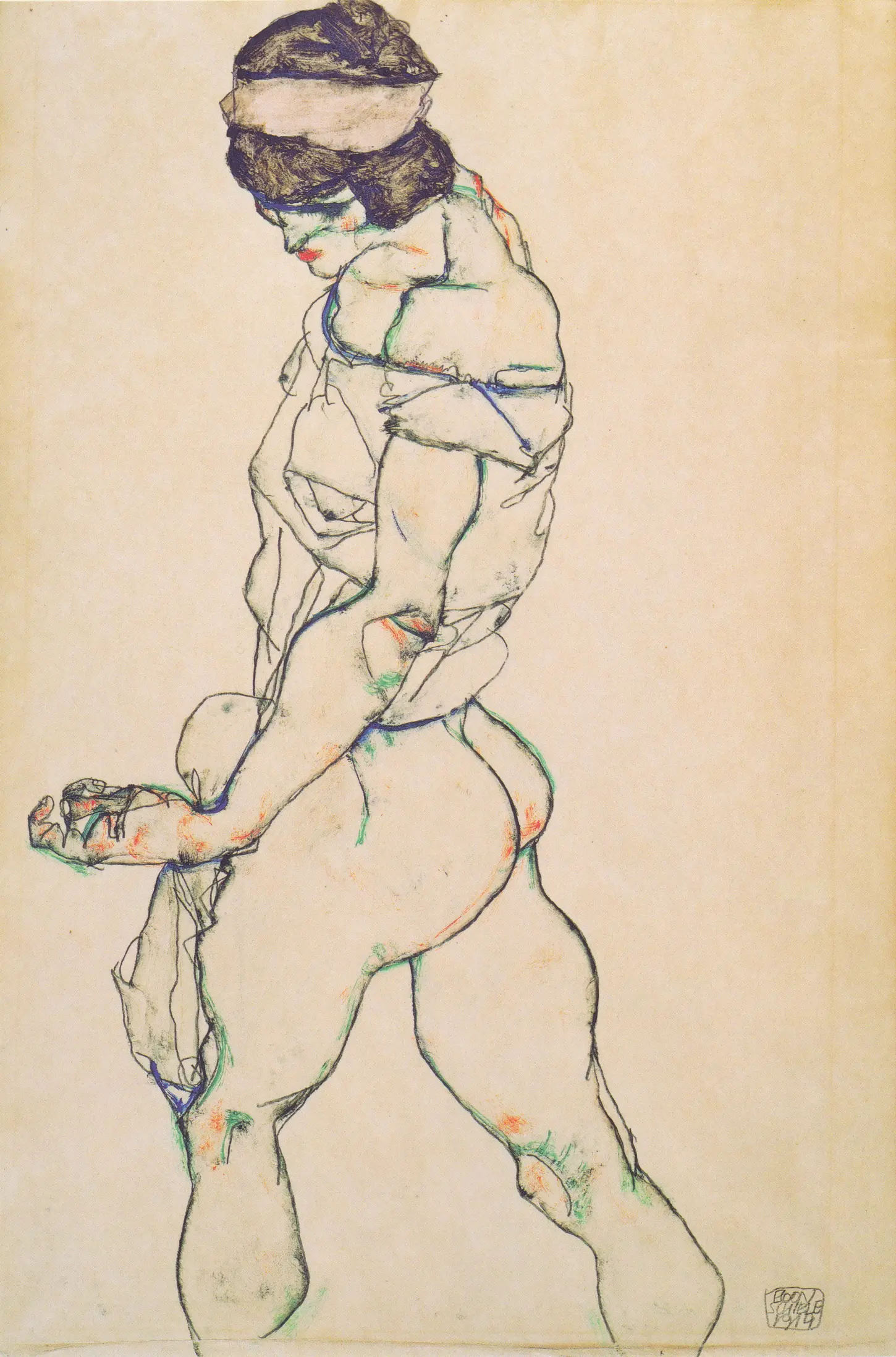 Pencil and gouache drawing, Female Nude Striding Left, Nach links schreitender Frauenakt, by Egon Schiele, 1914. Albertina, Vienna. A standing female nude facing left in a dynamic walking pose, executed with dark pencil outlines and patches of orange and green gouache. Kallir D 1492.