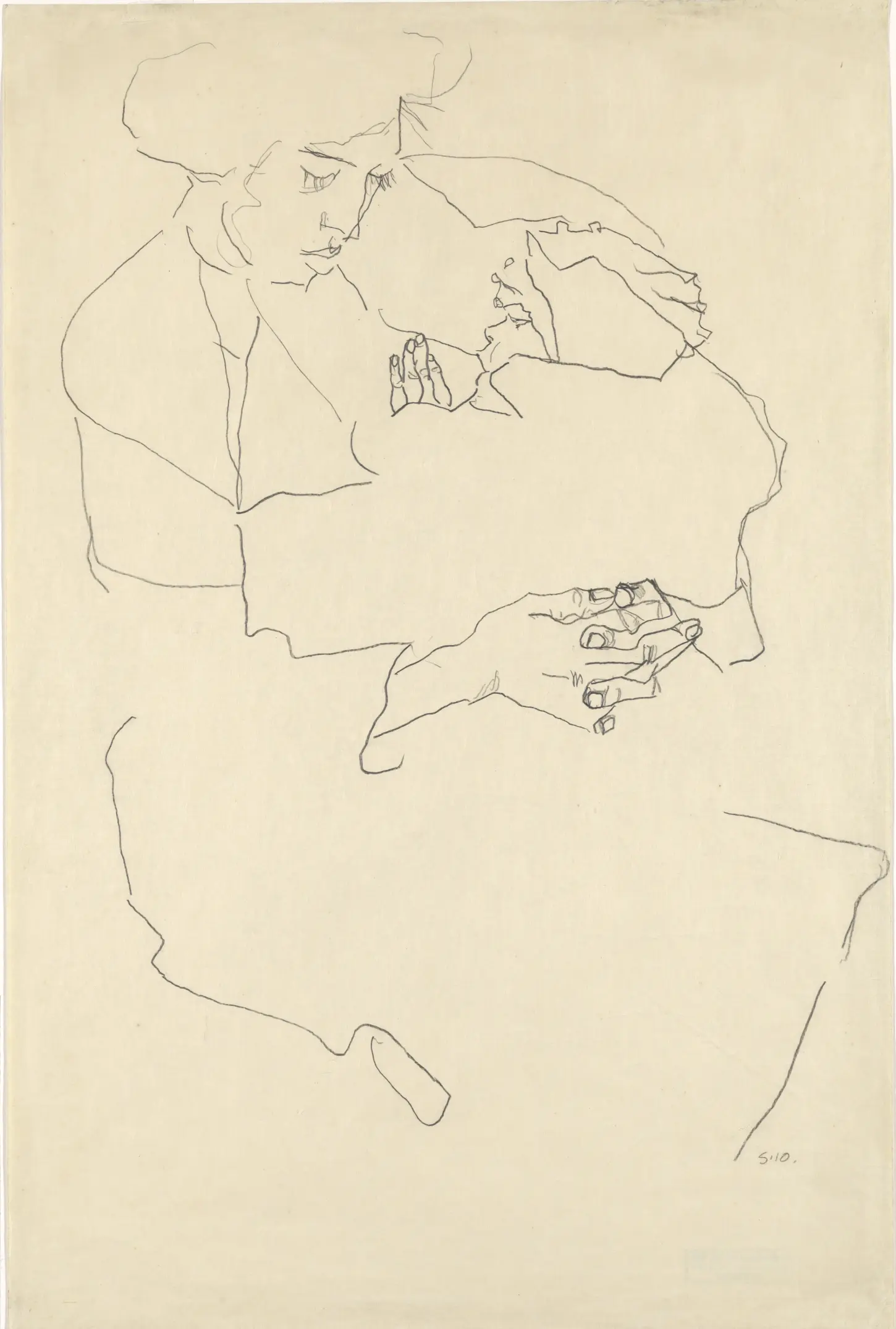 Pencil drawing on paper, Mother with Child, Mutter mit Kind, by Egon Schiele, 1910. Wien Museum. A mother shown from the waist up, cradling a small child against her chest. The drawing is made with thin contour lines on light beige paper. The artist's initials 'S.10.' are written in the bottom right corner.
