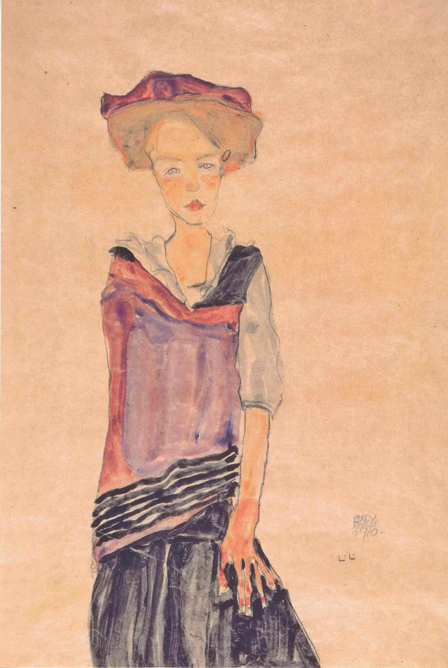 Watercolor and crayon, Standing Girl, Stehendes Mädchen, by Egon Schiele, 1910. The Albertina Museum. A frontal view of a standing young woman with prominent line work over a plain background. Kallir D487.