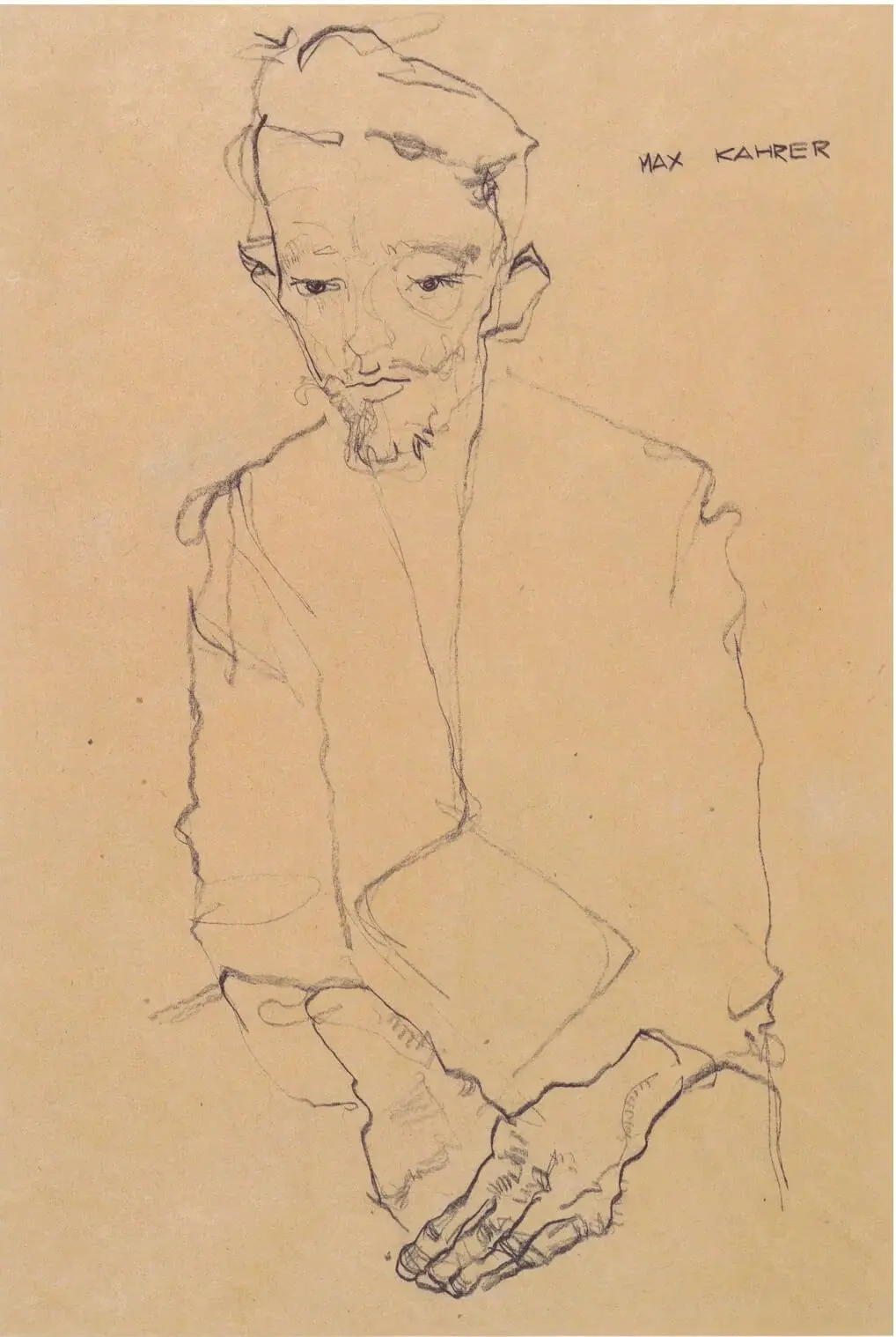 Black chalk on brown packing paper, Max Kahrer, by Egon Schiele, 1910. Albertina Museum. A portrait drawing of artist Max Kahrer showing his upper body and large hands, executed in dark chalk lines on coarse brown paper. Kallir 623.