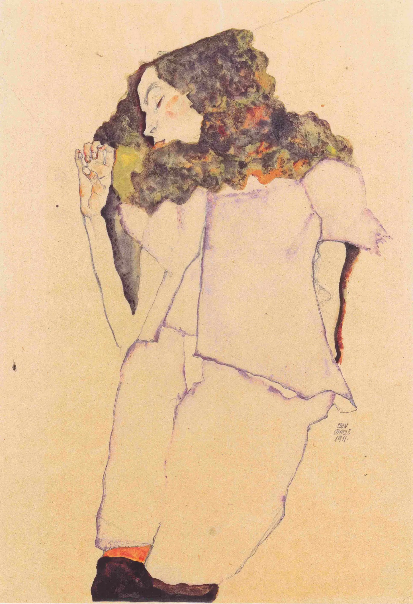 Watercolor, gouache, and pencil drawing, Sleeping Girl, Schlafendes Mädchen, by Egon Schiele, 1911. Albertina Museum. A young woman with dark curly hair is sleeping, curled up defensively with her face resting on her hand against a blank paper background.