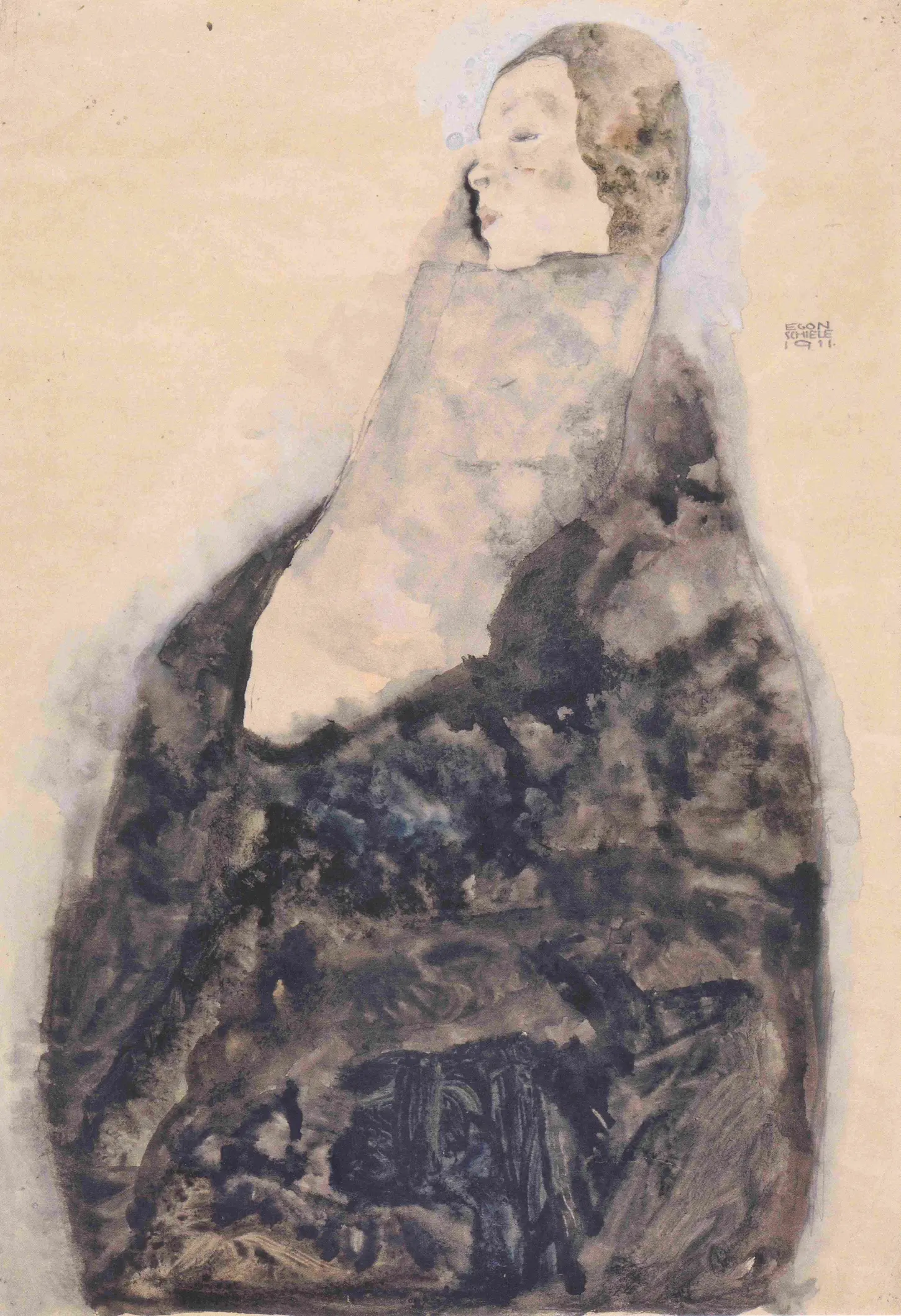 Pencil and watercolor drawing, Schlafende (Sleeping Child), by Egon Schiele, 1911. Albertina, Vienna. A portrait of a sleeping child wrapped in dark blankets on a brown paper background, with the face left mostly unpainted. Kallir d867a.