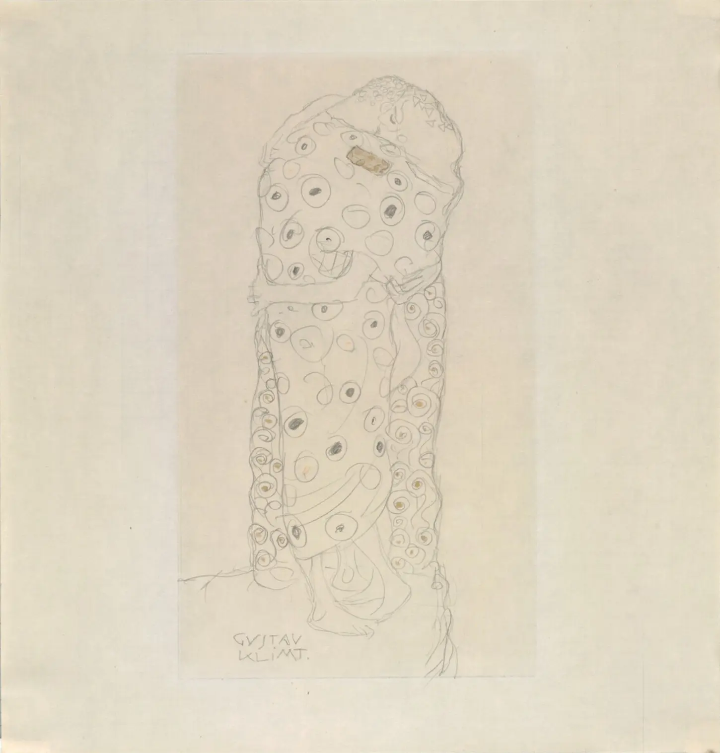 Pencil, red chalk, and gold paint, Standing Lovers, Stehendes Liebespaar, by Gustav Klimt, ca. 1907–1908. The Albertina Museum. A full view of the paper sheet showing an embracing couple enveloped in early mosaic patterns with a distinct gold patch near the shoulder, surrounded by wide margins of blank paper.