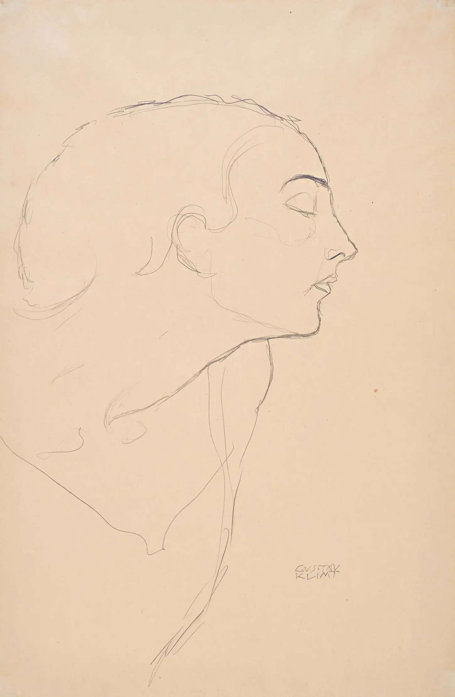 Pencil on Japanese paper, Bust Portrait of a Lady in Profile from the Right with Closed Eyes, by Gustav Klimt, 1911/12. Leopold Museum, Vienna. A minimalist bust portrait of a woman in strict profile facing right with her eyes closed, drawn with soft pencil contours on fragile Japanese paper. Strobl 2296.
